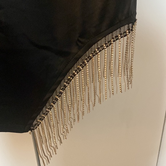 Strobe Lights Black Satin Rhinestone Fringe Mini Dress - Picture 4 of 6